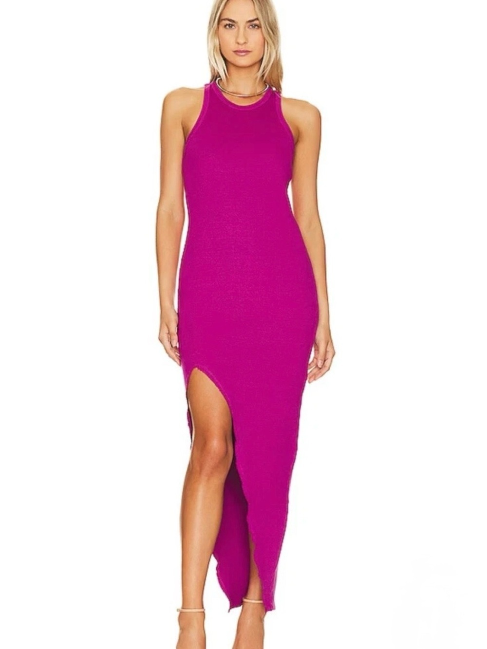 Lanston Asymmetrical Ribbed Tank Dress Cosmo Pink S NWT